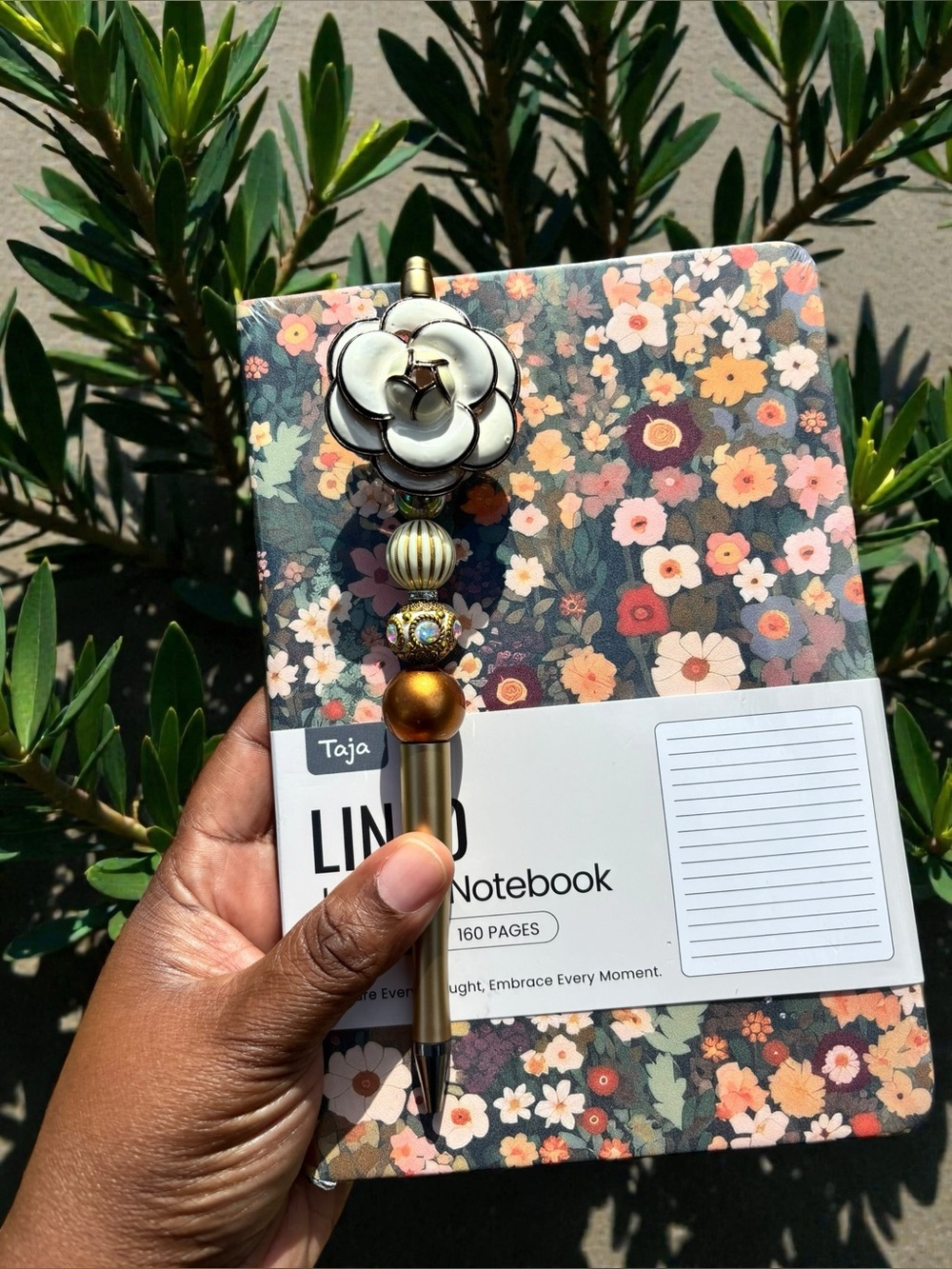 Handcrafted Beaded Floral Top Pen in Gold and Cream & Lined Journal Notebook - Picture 2 of 6